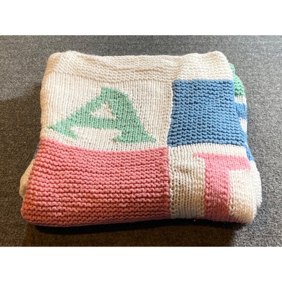 ABCDEF Alphabet Blocks Knit Baby Blanket Pink Blue White Green Security Lovey - Picture 2 of 9